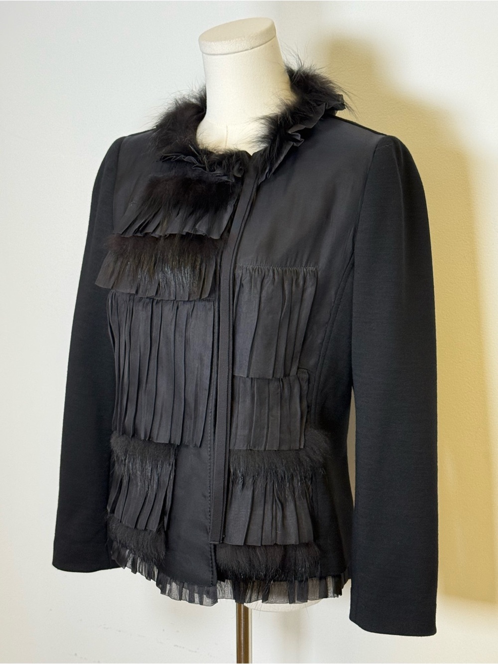 Rare! Vintage Elie TAHARI Silk & Wool Jacket Fox Fur Trim Women’s Size Medium - Picture 6 of 14